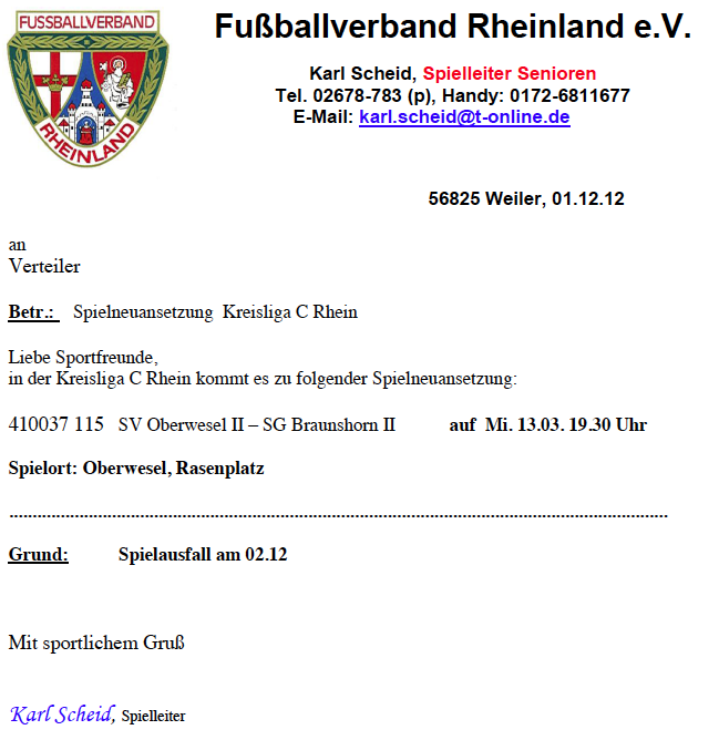 Spielneuansetzung SV Oberwesel II – SG Braunshorn II