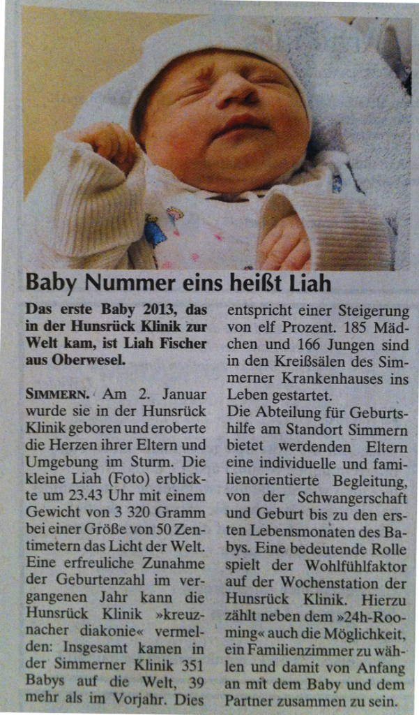 Liah Fischer erstes Baby im Jahr 2013 in der Hunsrück Klinik Simmern
